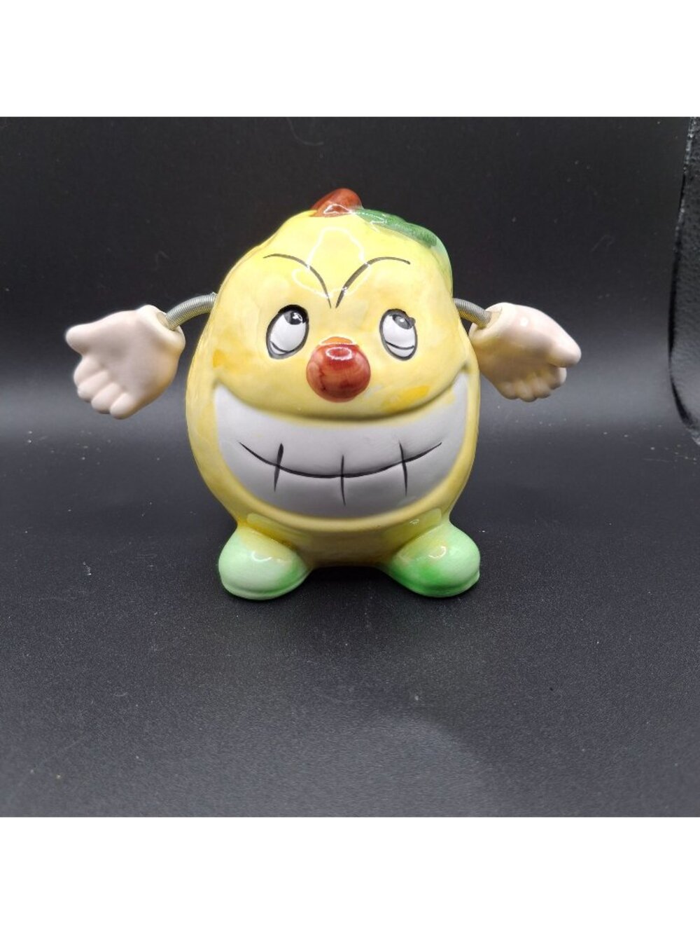 Vintage Ceramic Lemon-Shaped Coin Bank With Whimsical Face Movable Arms & Hand